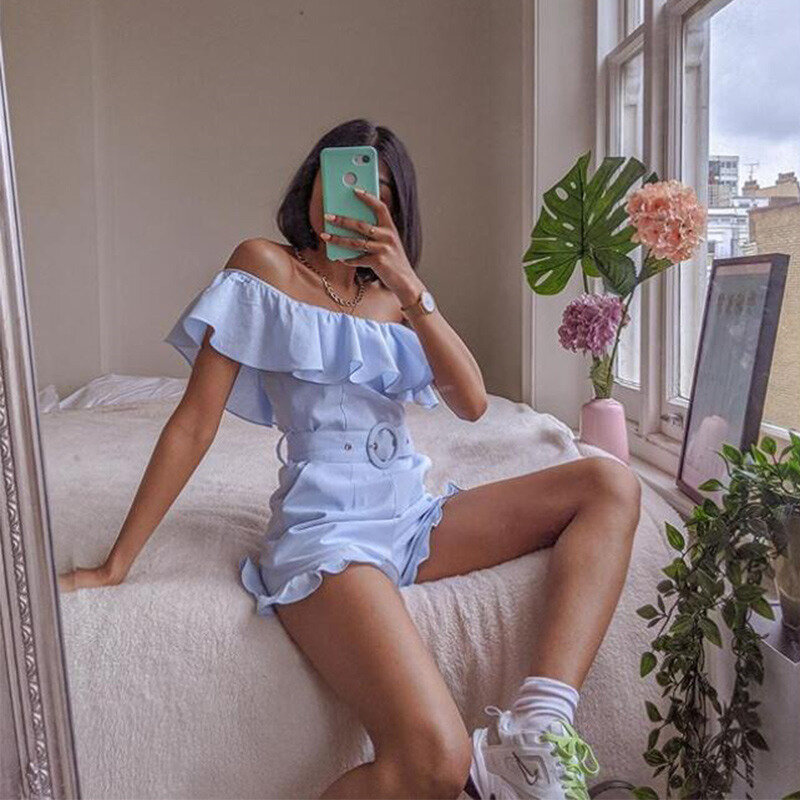  New Ruffles One Shoulder Lace Playsuit Sashes Casual Sexy Top Women Rompers Backless Summer Ladies Bodycon Short Jumpsuit