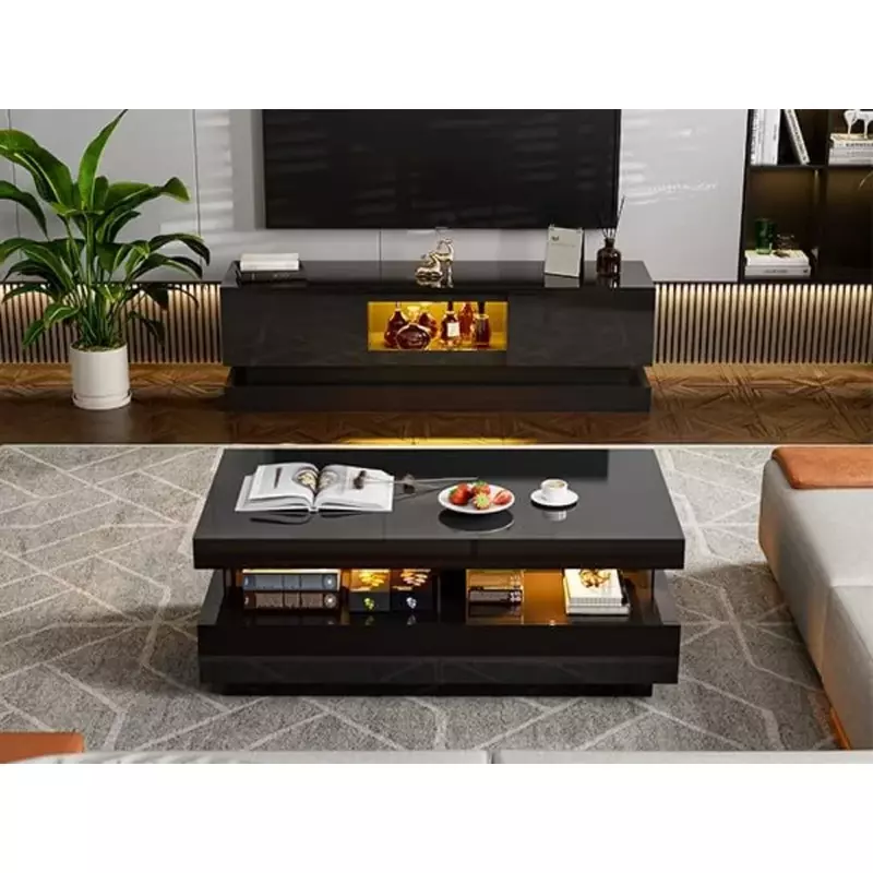Coffee Table with Acrylic Design Open Space and 2 Storage Drawers with 16 Colors LED Light for Living Room Bedroom, Coffee Table