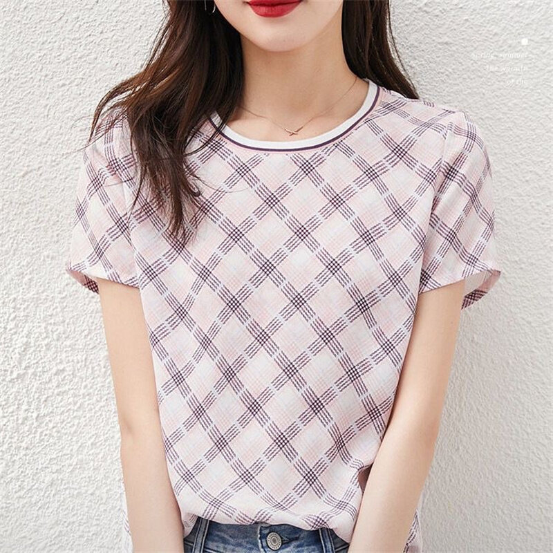 Mulheres primavera verão estilo blusas camisas senhora casual manga curta o-pescoço xadrez impresso blusas topos zz1831