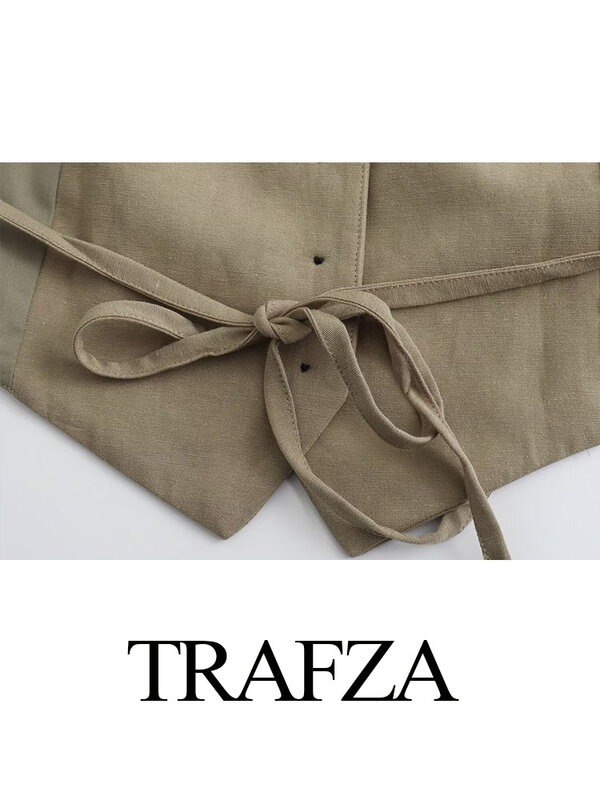 Trafza-女性用ノースリーブレースアップシングルブレストウエストコート、女性用ストリートウェアスタイル、ソリッドターンダウンカラー、トレンディなサマートップ