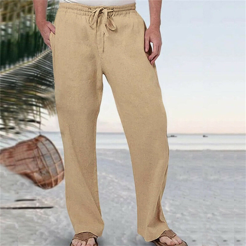Pantalon Long en Coton et Lin pour Homme, Vêtement Respirant, Couleur Unie, Taille artificiel astique, Style Harajuku, Été
