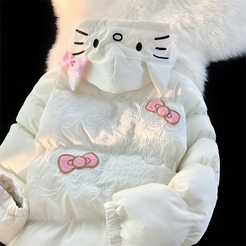Sanurgente-Doudoune zippée Hello Kitty pour femme, manteau imprimé dessin animé mignon, veste en coton monochrome Kawaii pour étudiant, manteau adt décontracté