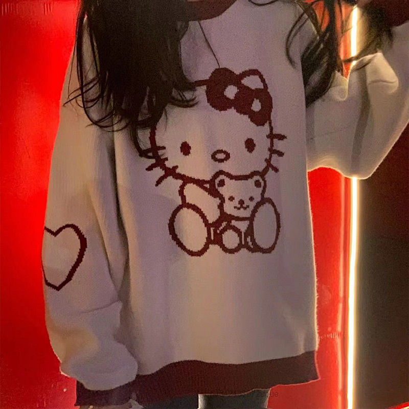 Sanrio Sweater lengan panjang wanita, atasan Sweater warna longgar leher O Hello Kitty musim gugur
