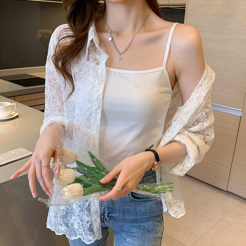 QOERLIN Lace Embroidered Hollow Out White Shirts Women 2024 New Summer Single-Breasted Button Up Tops Blouse Holiday Shirts Girl