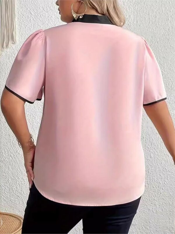 Plus Size Zomer Roze Pullover Tops Vrouwen Patchwork Strik Kraag Mode Dames Blouses Geplooide Casual Dames Tops Met Korte Mouwen