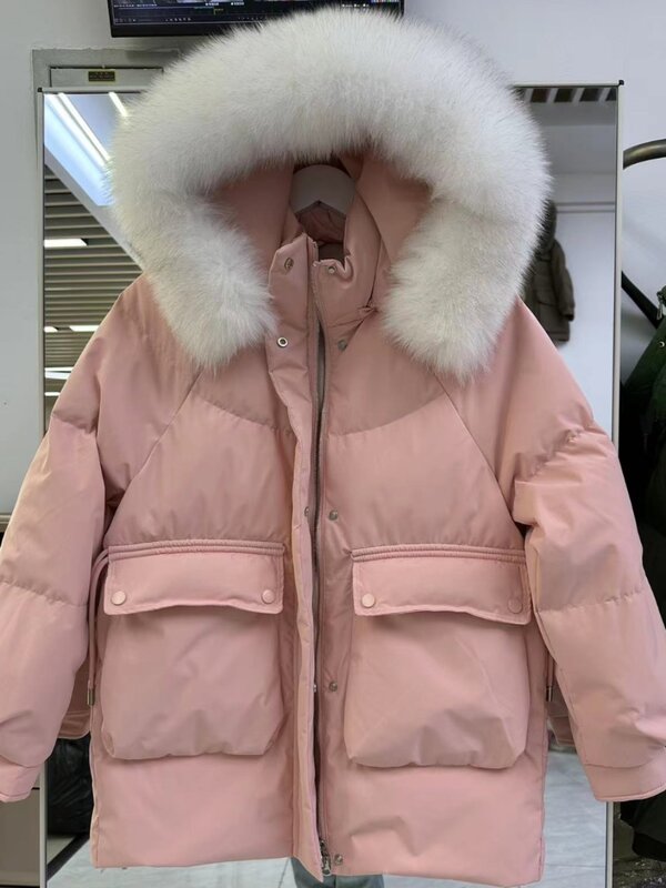 Jaket bertudung untuk wanita, jaket setengah panjang kerah bulu tebal besar Musim Dingin, jaket hoodie modis warna putih bebek bawah