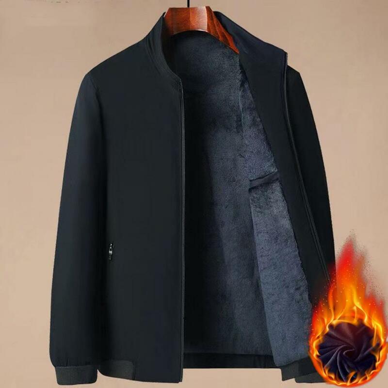 Männer Herbst Winter Fleece Futter Jacke Stehkragen Langarm Taschen Mantel einfarbig Reiß verschluss Knopfleiste dicke warme Oberbekleidung