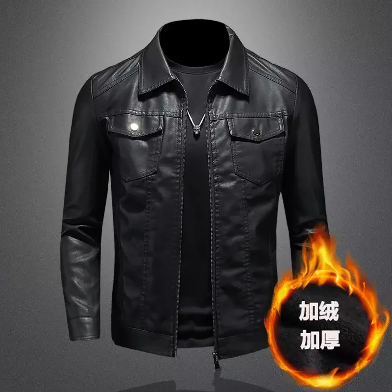 Men's Motorcycle Leather Jacket Large Size Pocket Black Zipper Lapel Slim Fit Male Spring and Autumn High Quality Pu Coat M-5Xl