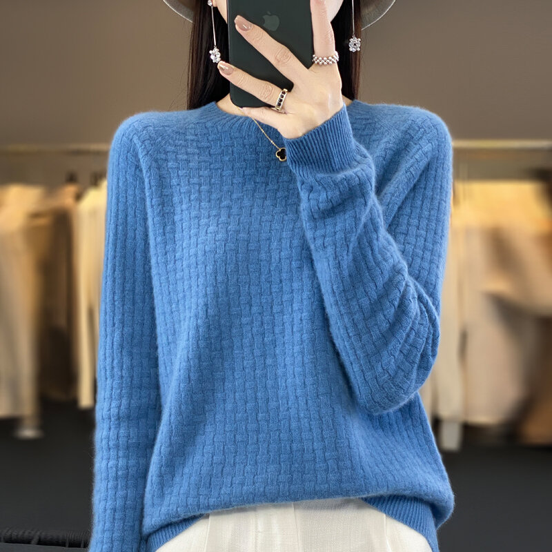 Nowy jesienno-zimowy 100% wełniany sweter kaszmirowy damski sweter z okrągłym dekoltem swobodny dzianinowy top damski luźny płaszcz