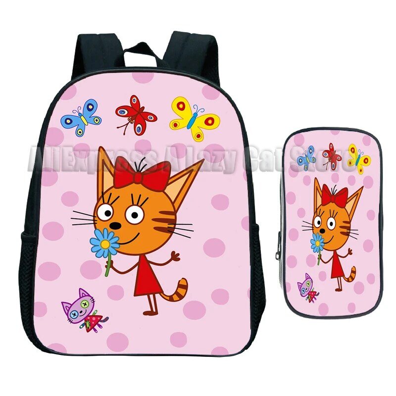 Bolsa escolar de três gatinhos para meninos e meninas, mochila de desenhos animados com bolsa de lápis Amine Toddler Kids Backpack, E-Cats Nursery, 2pcs