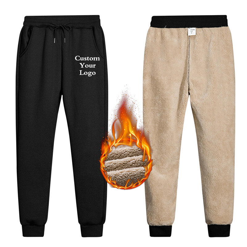 Celana olahraga pria, celana hangat tebal Logo kustom, celana Joger lari dengan tali serut musim dingin