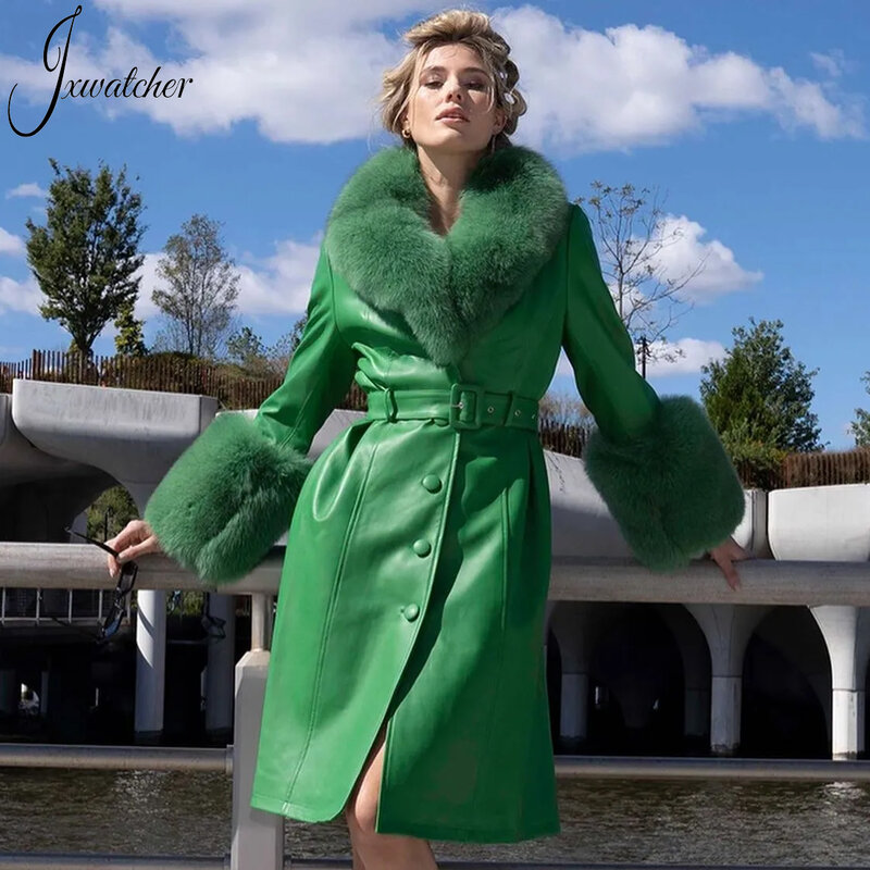 Jxwatcher Mantel Panjang Kulit Asli Wanita Musim Gugur Musim Dingin Ukuran Besar Kulit Domba dengan Pakaian Luar Kerah Bulu Rubah Asli