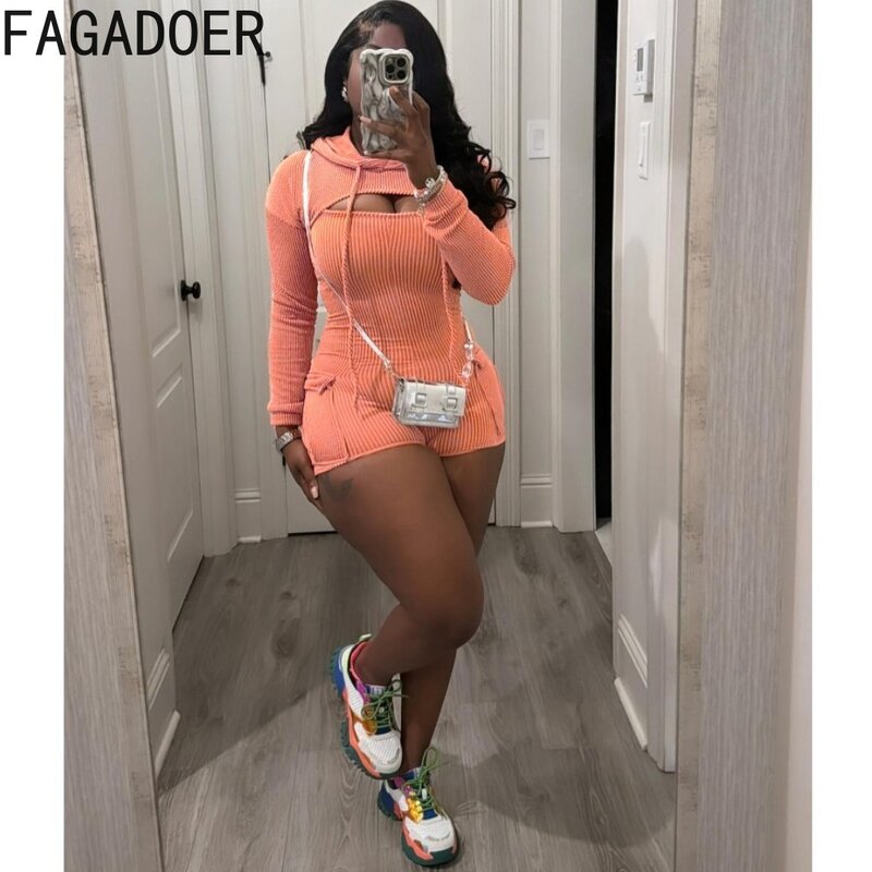 FAGADOER Fashion Solid Ribber Pocket Cargo Rompers Women Hooded Long Sleeve Top And Bodycon Jumpsuits Summer Suspenders Overalls