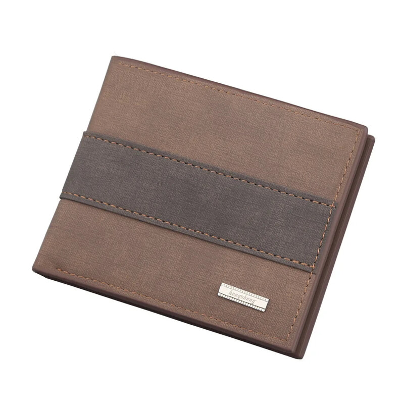 Men's Wallet Short Matte Korean Wallet  Horizontal PU Leather ID Soft Money Clip,With Dark Grids Trendy Zipper Bag