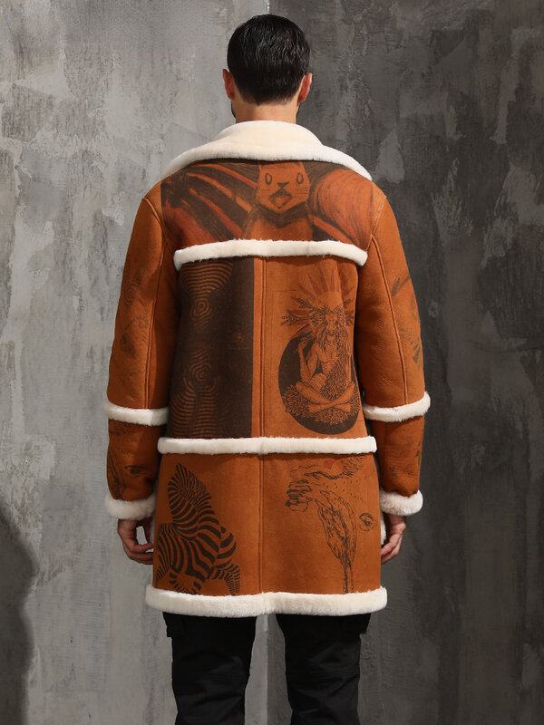 Куртка мужская из натуральной кожи, меховое пальто из овечьей кожи, средней длины, с принтом, зимняя