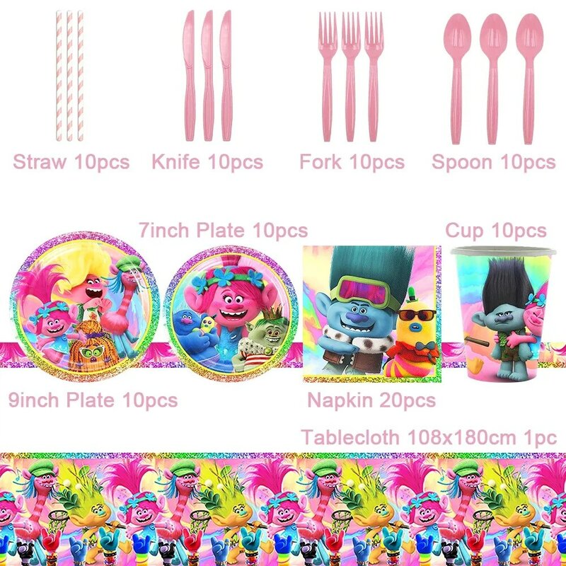 Disney TROLLS Magic Hair Elf Theme Birthday Party Decoration Supplies Disposable Cutlery Balloon Background Baby Shower Kid Gift