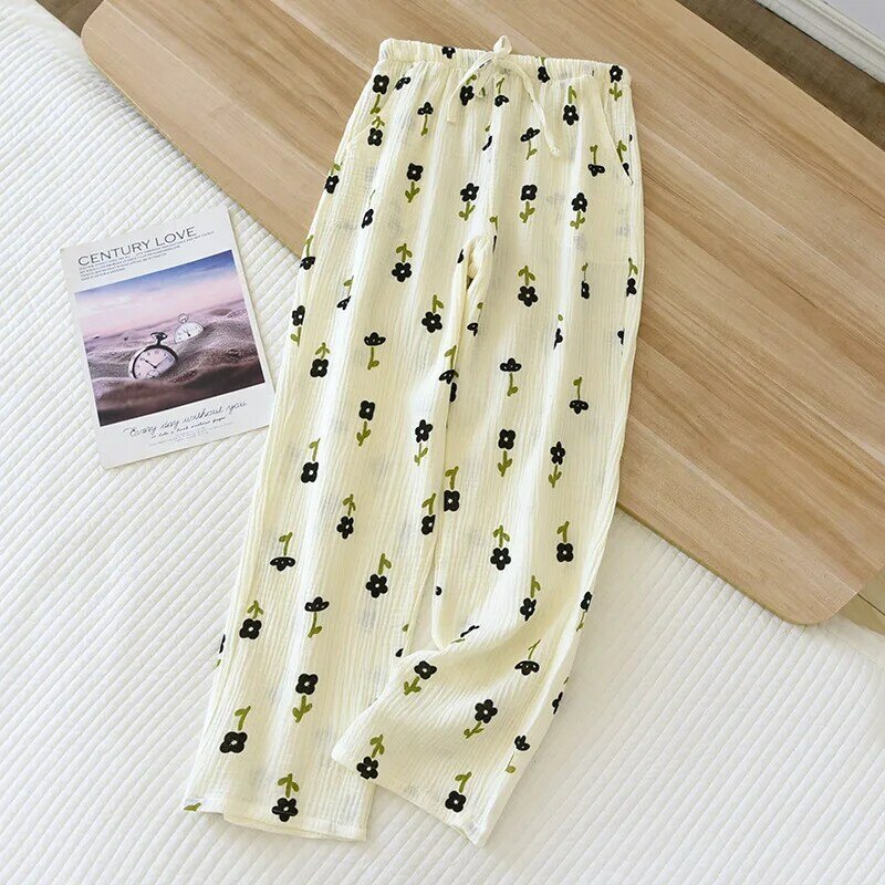2024 Japanese Spring/Summer New Women's Pajama Pants 100% Cotton Crepe Pants Sweet and Cute Pajama Pants Ladies Loose Home Pants
