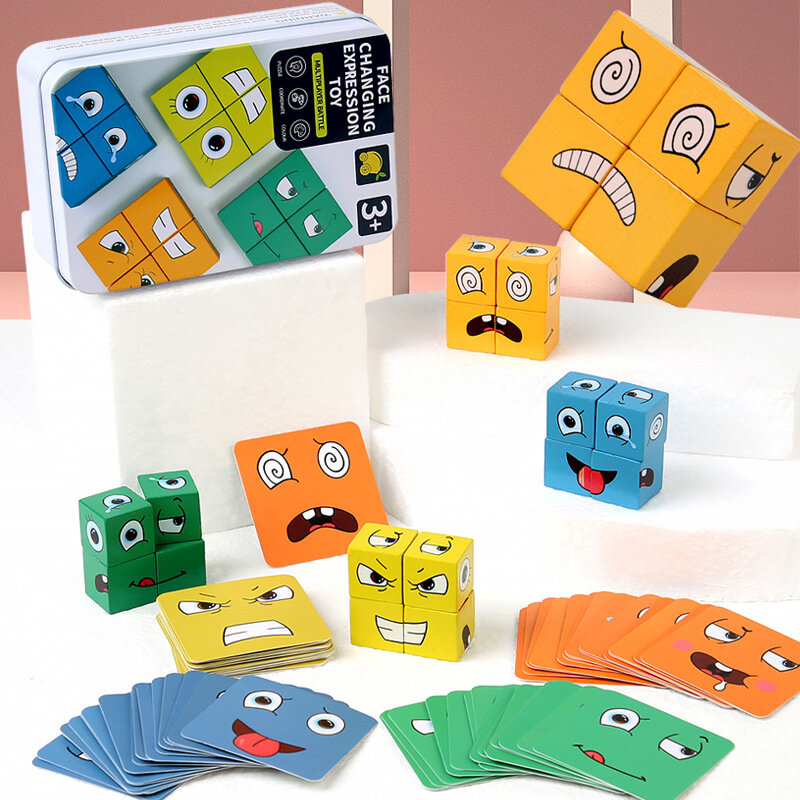 Face Changing Cube Board Card Game Building Blocks Cartoon Wooden Puzzle Montessori Anxiety Stress Relief Toys For Children Kids