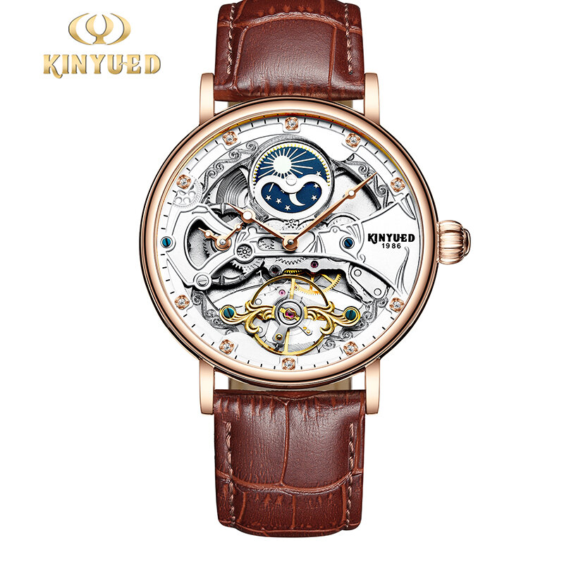 Kinyued-Relógio de couro masculino, mecânico, automático, luminoso, ponteiro, fase da lua, exibição de dois fusos horarios, negócio, novo