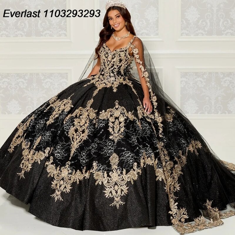 EVLAST Shiny Black Quinceanera Dress Ball Gown Gold Lace Applique Beading Crystal With Cape Sweet 16 Vestido 15 De Años TQD223