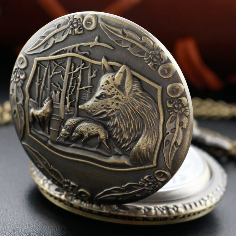 Jam Tangan Saku Quartz Display Seri Hewan Serigala Rantai Fob Perunggu Vintage Hadiah Jam Liontin Kalung Dial Bulat Digital Romawi