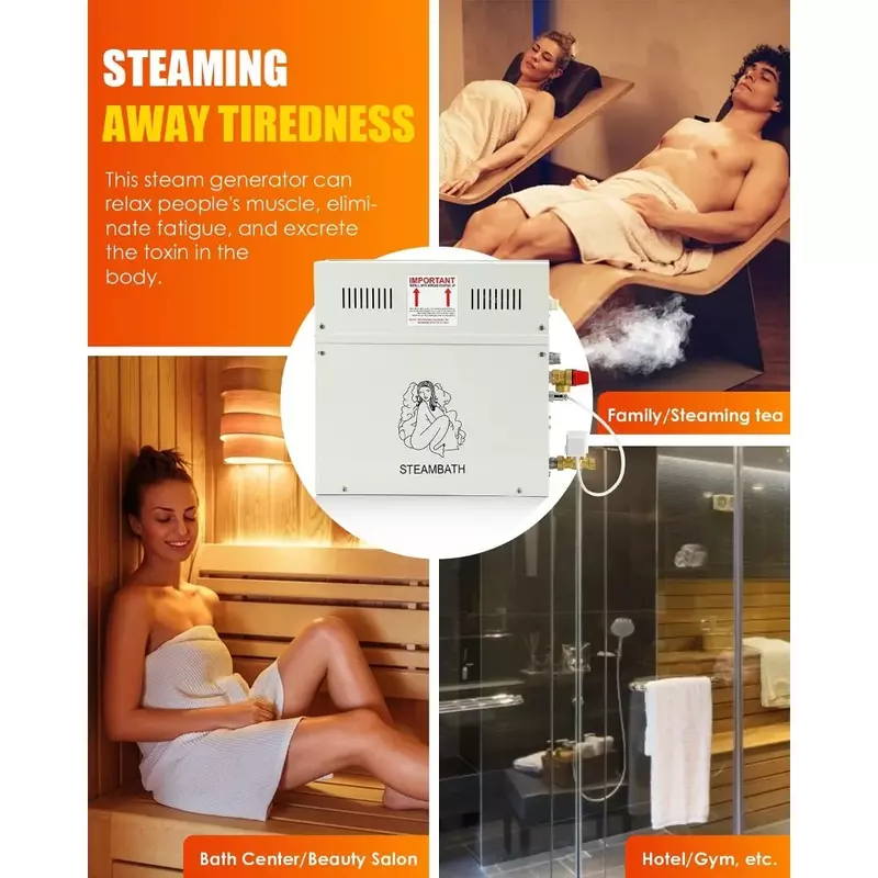 Gerador de vapor auto-drenante luxuoso, banho de sauna com chuveiro, spa em casa com controle à prova d'água e drenagem automática