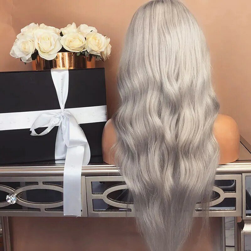 Platinum Grey Loose Wave Synthetic 13X4 Lace Front Wigs Glueless High Quality Heat Resistant Fiber Hair Middle Parting For Women