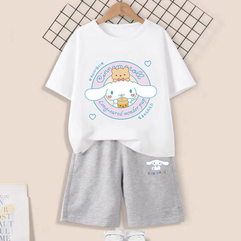 Sanrio Kuromi Cinnamoroll Set celana pendek kaus musim panas anak-anak pakaian kasual kartun lengan pendek pakaian olahraga anak laki-laki perempuan hadiah anak-anak