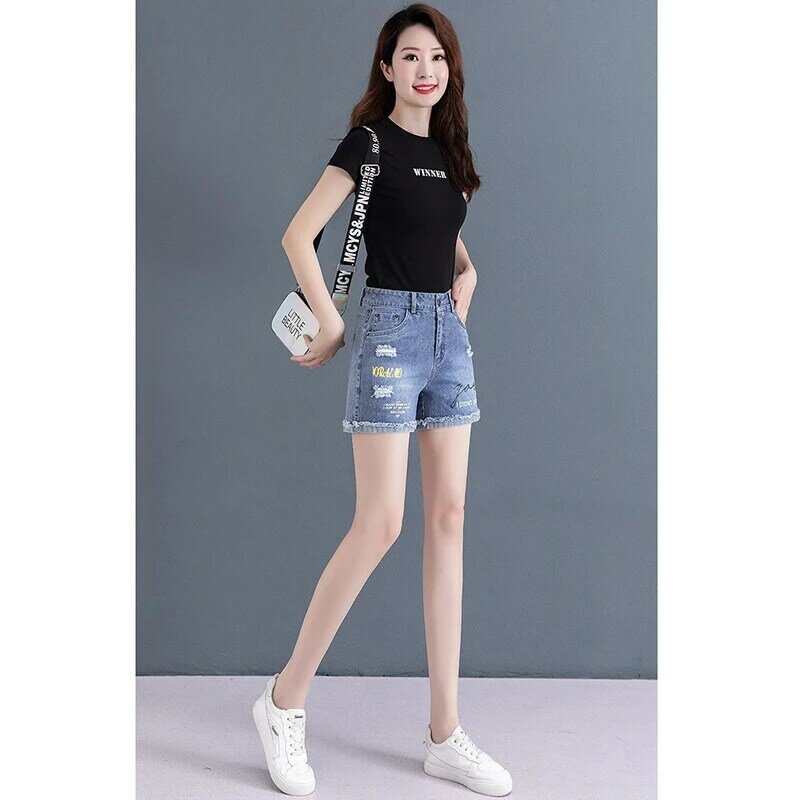 2024 new distressed denim shorts versatile and slimming high waisted loose A-line wide leg pants