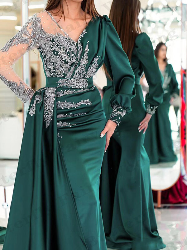 深いVネックのサテンのイブニングドレス,長袖,痩身の服,美しい魅力的で贅沢な,新しいコレクション2024