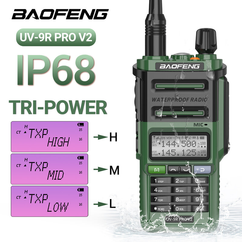 Baofeng UV 9R Pro impermeável Walkie Talkie, Dual Band Ham CB rádio, rádio em dois sentidos, Tri-Power Tipo-C carregador, V2, IP68