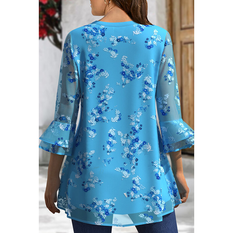 Blusa estampada floral chiffon azul tamanho plus, punho plissado com babados de dupla camada, manga 3/4, blusa gola V