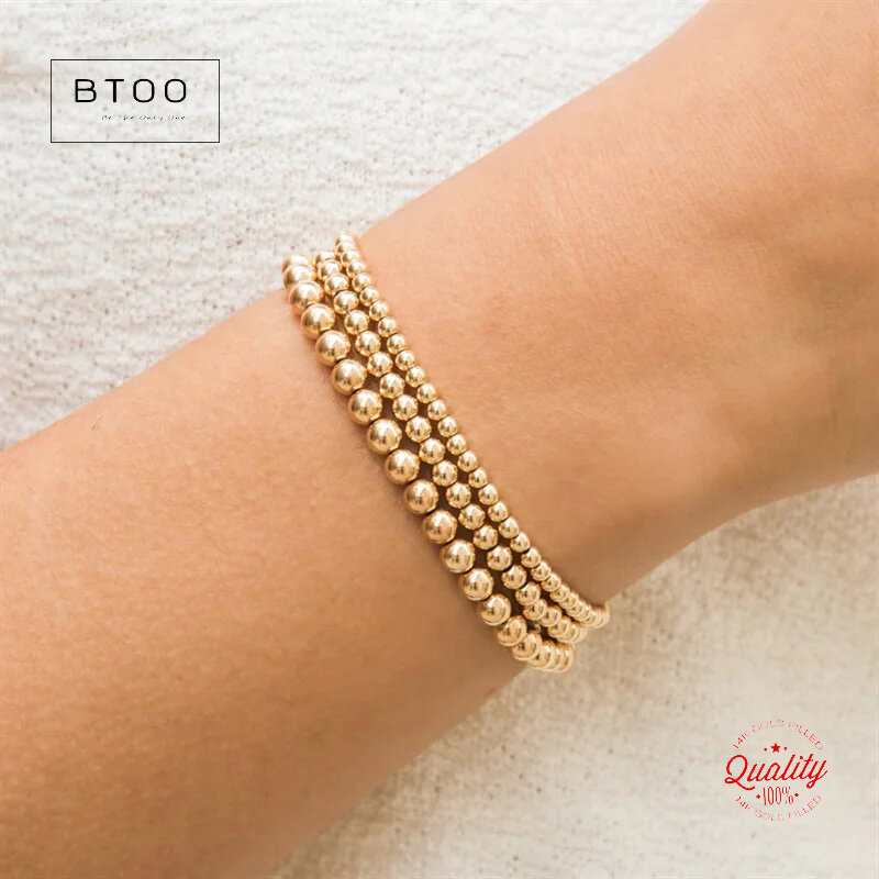 Real 14K Gold Filled Round Beads Bracelets, Gold Filled Seamless Beads 3mm 4mm 5mm 6mm Bracelets Vintage Boho Women Jewelry