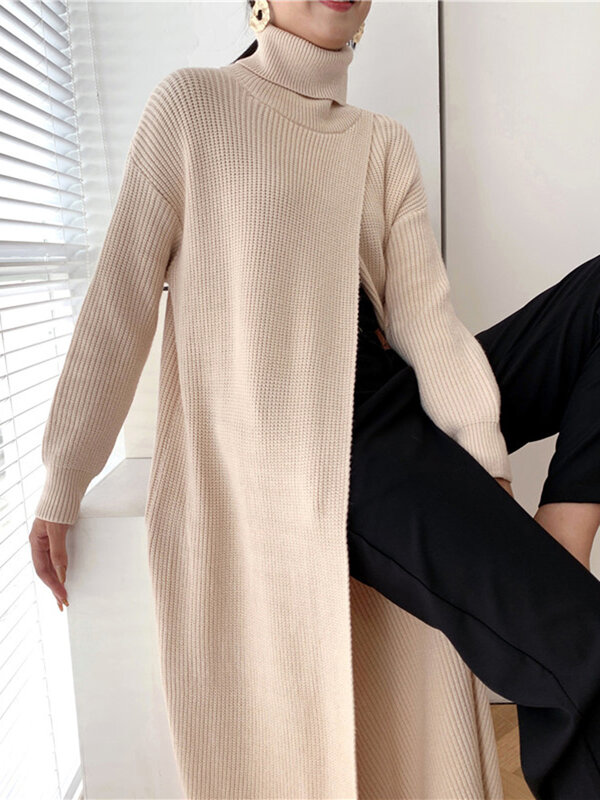 [EAM] Vent Long Knitting Sweater Loose Fit Turtleneck Long Sleeve Women Pullovers New Fashion Tide Autumn Winter 2024 1DA357