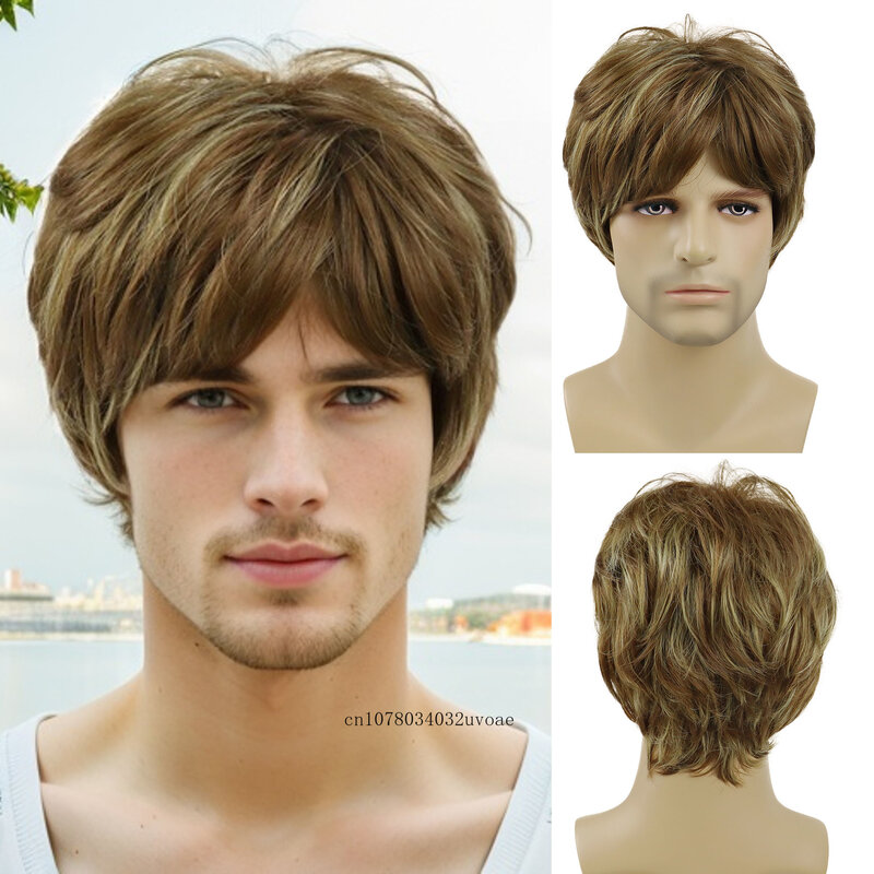 Синтетический мужской короткий парик, модный коричневый парик с эффектом омбре и челкой, натуральный мягкий дышащий цвет, для повседневного использования, для мужчин, для косплея