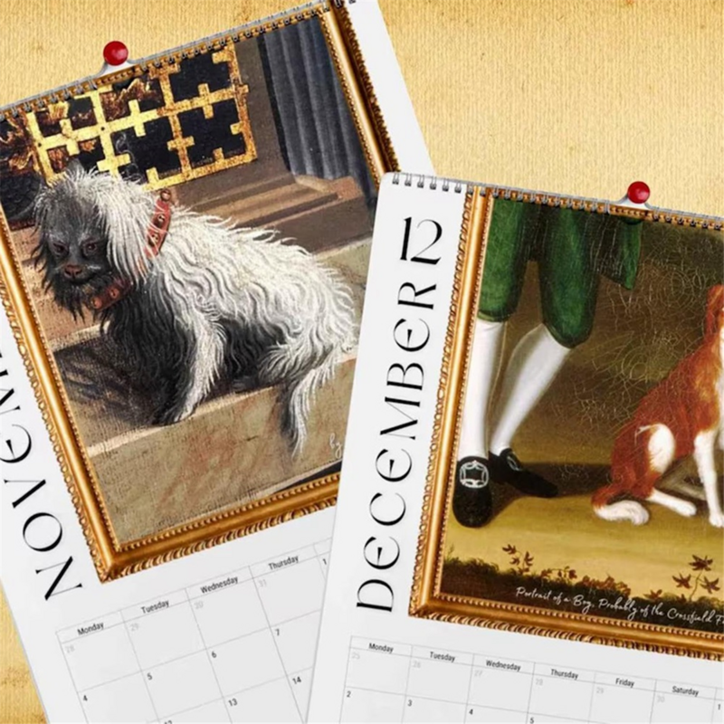 Calendario de pintura renacentista de perros feos, calendario de perros 2024, 12 meses