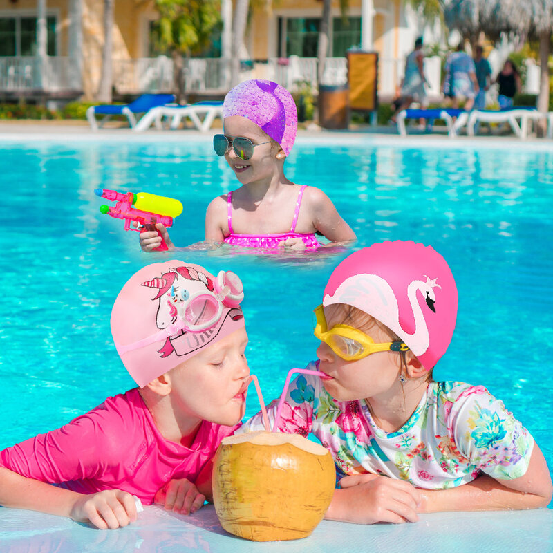 Bonnet de bain en silicone élastique imperméable pour enfants, bonnet de natation mignon pour filles, bonnet de piscine pour enfants, chapeau de plongée pour enfants