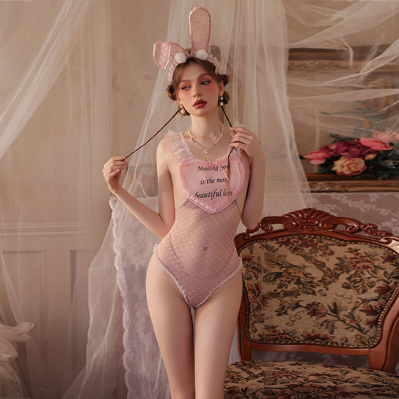 Costume de batterie en dentelle transparente pour femme, entrejambe ouvert, costume de batterie sans entrejambe, maille transparente, olympiques de cosplay Anime Bunny Girl, rose