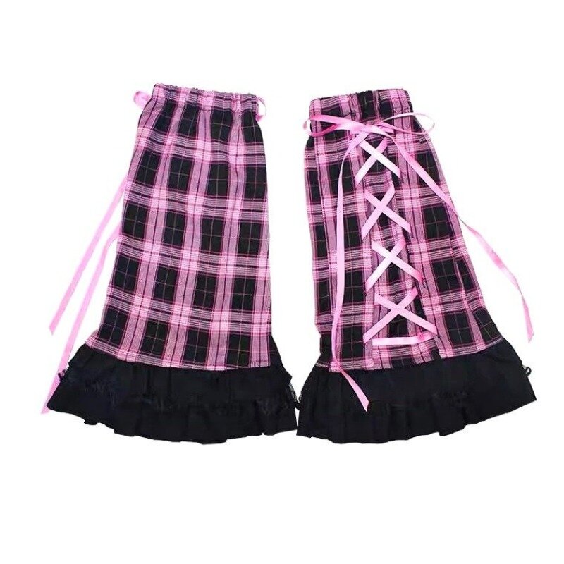 Kaus kaki lengan Jepang Punk Y2K wanita keren merah muda Grid Rock Sweetheart Legging muncul tipis Hottie pola kotak-kotak pita indah renda