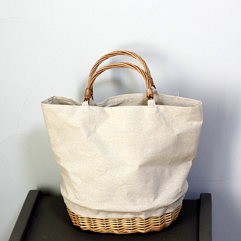 Handmade Wicker Woven Basket Bag para Mulheres, Patchwork de linho, Bohemian Straw Bags for Travel, Tote de praia, Rattan Handbag