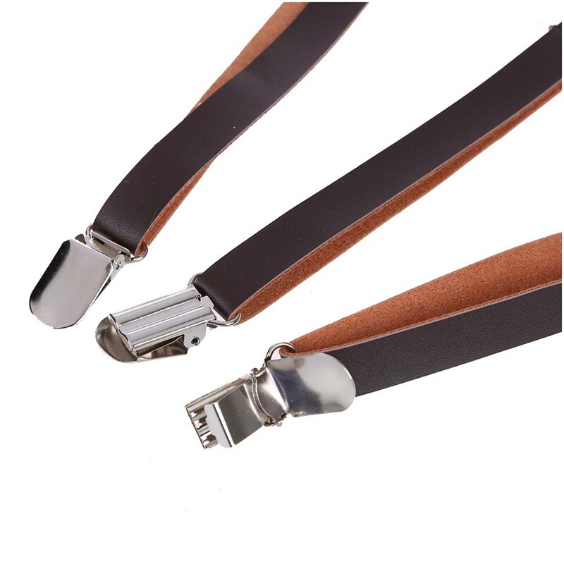 NEW-2X Coffee Faux Leather Adjustable Band Suspenders Braces