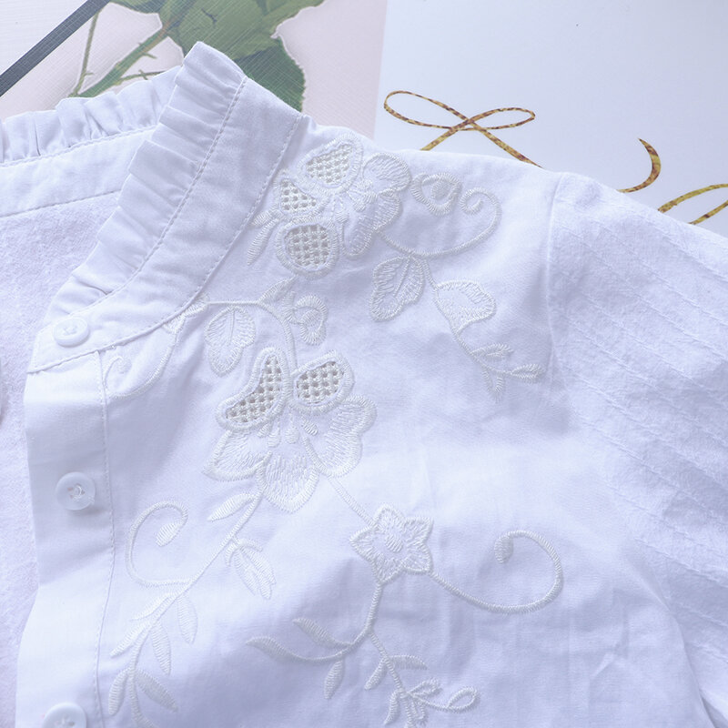 Однотонные женские рубашки с вышивкой, Новинка лета 2024, однотонные элегантные облегающие рубашки с длинными рукавами и оборками, верхняя одежда, пальто, топы