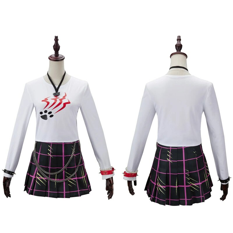 Anime Toralei Stripe Cosplay Costume pour femme, veste en similicuir rouge, jupe plissée, bracelet, collier, Halloween, carnaval trempé