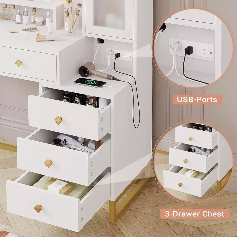 Makeup Dressing Table for Bedroom Nightstand and Storage Shelves Home Furniture Luxury Makeup Table With 5 Drawers White Dresser