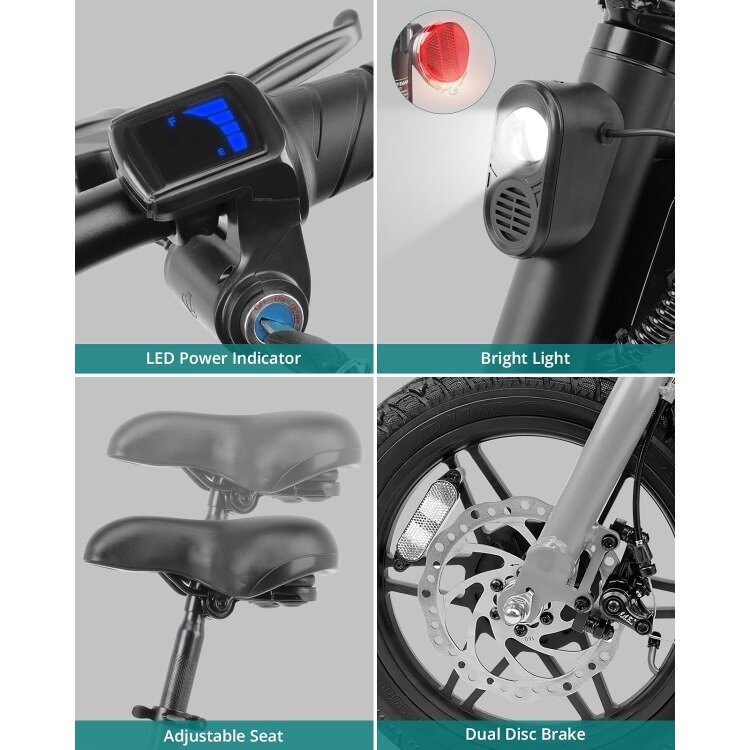 E-Bike Dobrável com Bateria Removível, Assento Ajustável, Alcance Máximo de 25 Milhas, Pedal Assist e Velocidade Máxima 15,5 Mph, 250W, E-Bike
