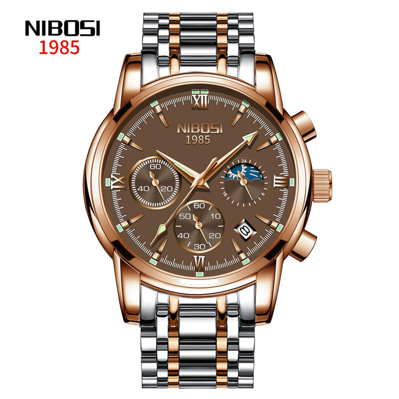 Nibosi relógio de quartzo masculino com projeto fase da lua, aço inoxidável, à prova d'água, cronógrafo, moda, marca