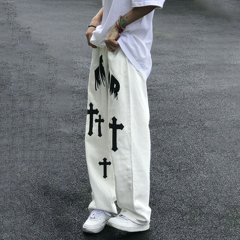 Sprane dżinsy w stylu amerykańskim męskie modne spodnie proste marki białe luźne spodnie na co dzień na deskorolkę na ulicę spodnie neutralne Hiphop