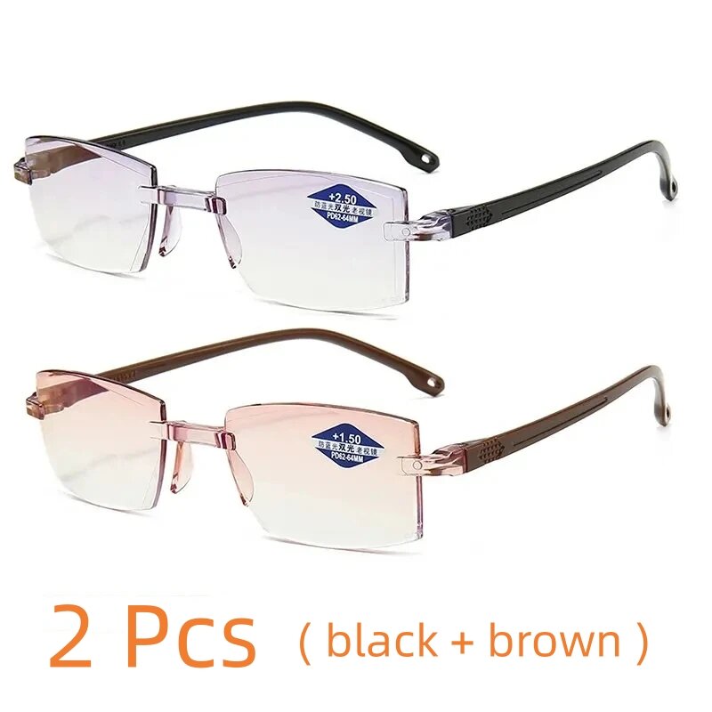 Kacamata baca progresif bifokal tanpa bingkai, 2 buah kacamata baca Pria Wanita, dekat dan jauh anti-cahaya biru, kacamata resep Vintage