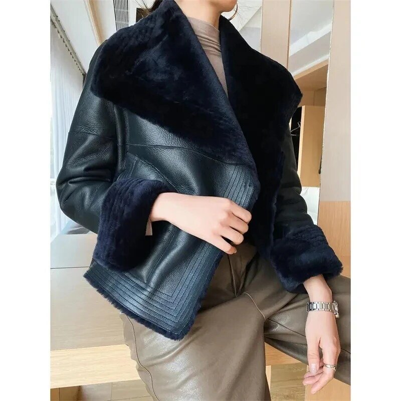 5XL New 2023 Haining Leather Jacket Coat Women Splicing  Fashion Slim Lamb Hair Lapel Imitate Fur Jacket Mujer Outwear Black