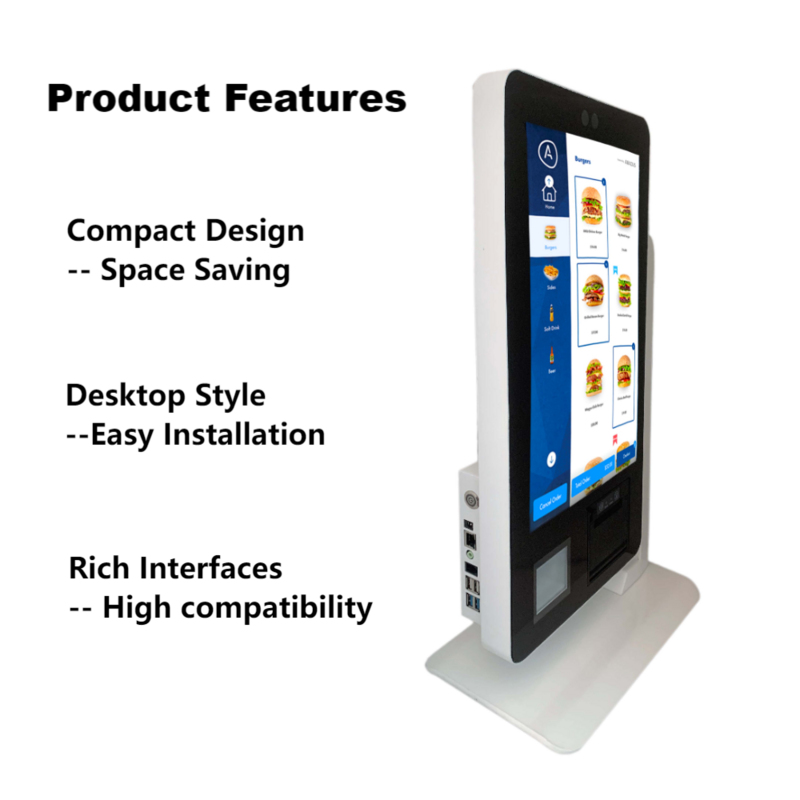 Desktop Self Ordering Kiosk With Facial Camera 15.6 Inch IPS Touch Screen Self Service Machine With Printer QR code Scanner